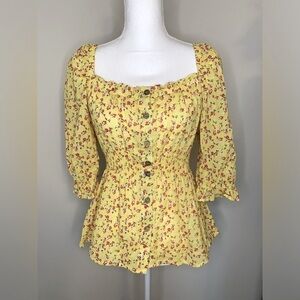 Life Floral Yellow Top Blouse Boho Smocked Button Down Women Medium 100% Cotton